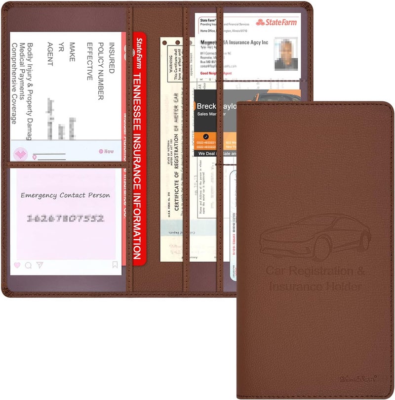 Techion Car Insurance and Registration Holder, 9.5 x 5 Inch PU Leather Vehicle Glove Box Organizer Wallet Case for Insurance Card, Driver License, Paperwork - Brown - Image 1